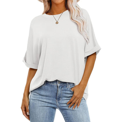 Women Casual Loose Solid Color Round Neck Short-Sleeve T-Shirt