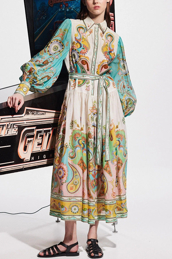 Summer Women Casual Graphic Printed Lapel Bubble Sleeve Lace-Up Dress