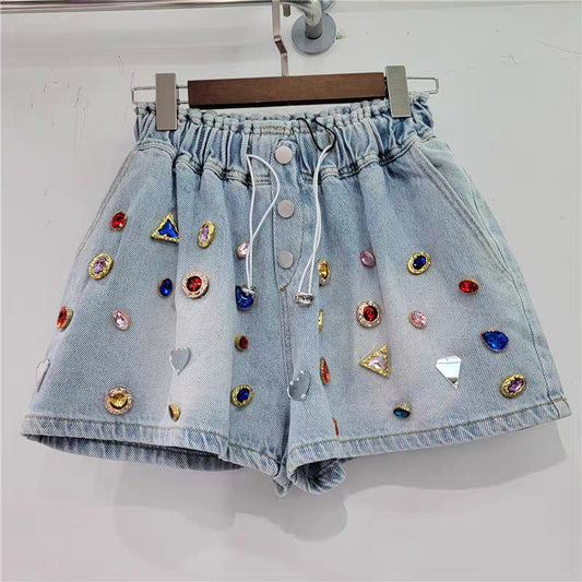 Pantalones cortos vaqueros de pierna ancha y cintura alta holgados con diamantes de imitación multicolor a la moda para mujer