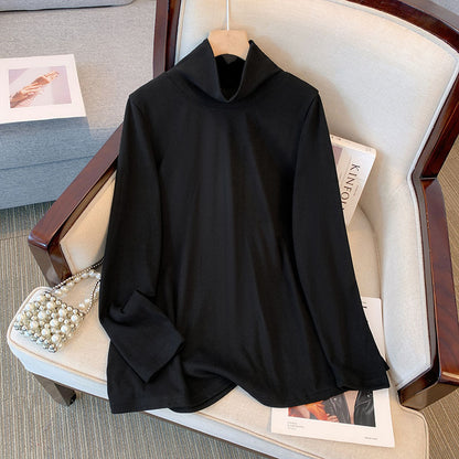 Camiseta básica informal holgada de talla grande con cuello alto y manga larga de color liso para mujer