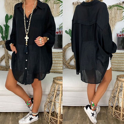 Blusa informal básica de manga larga para mujer, estilo playero, de color liso, talla grande