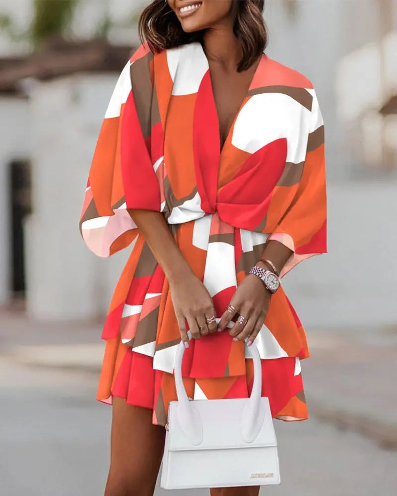 Vestido informal con estampado geométrico y mangas murciélago y cuello en V para mujer