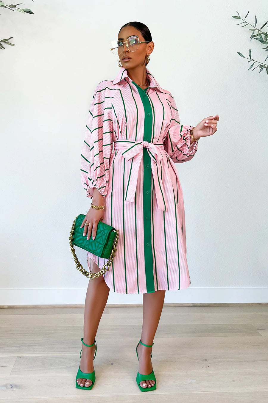 Fashion Women Stripe Print Casual Long Sleeve Lapel Shirt Dress