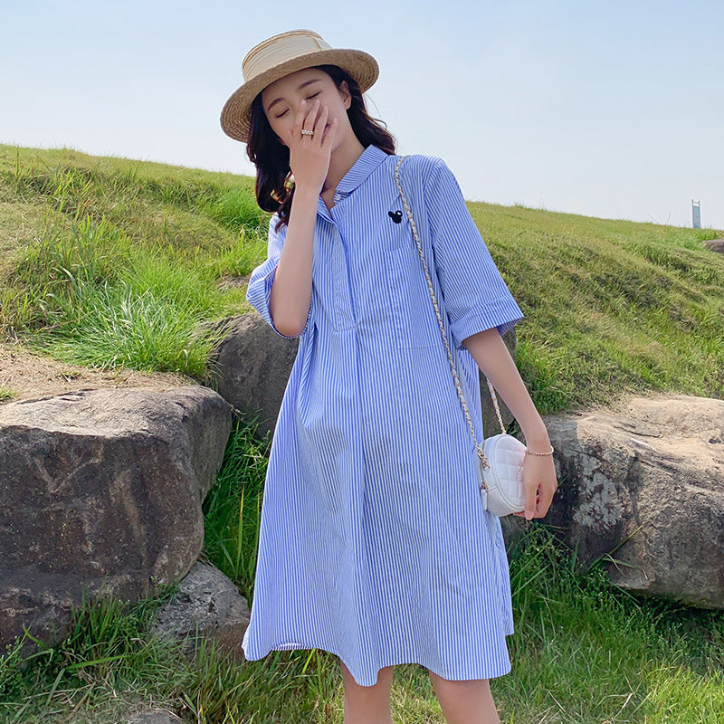 Pregnant Women Fashion Casual Stripe Lapel Short-Sleeve Loose Dress