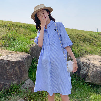 Pregnant Women Fashion Casual Stripe Lapel Short-Sleeve Loose Dress