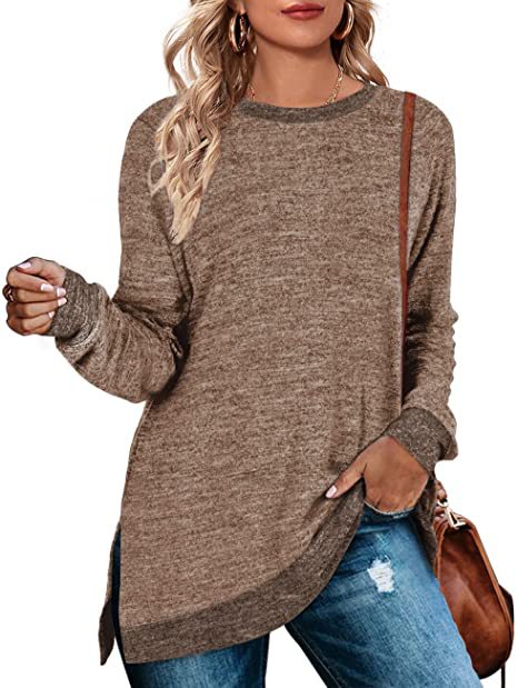 Camiseta informal de manga larga con cuello redondo y abertura en color para mujer