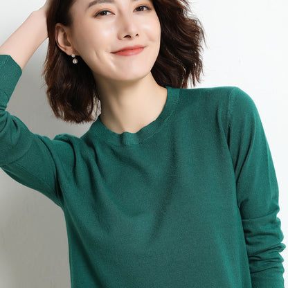 Women Simple Casual Solid Color Round Neck Long Sleeve Knitted Sweater