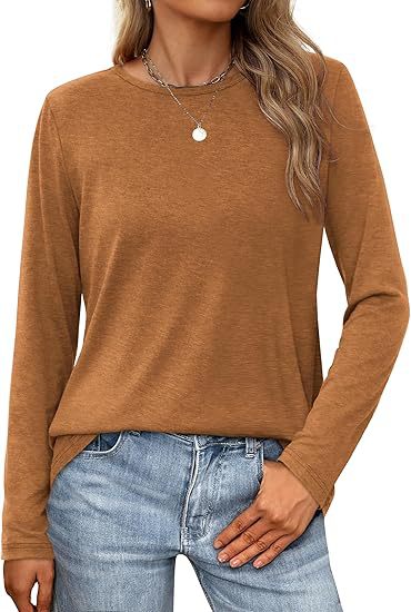 Camiseta informal de verano para mujer, color liso, cuello redondo, manga larga, en blanco
