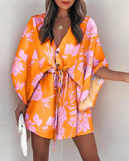 Women Elegant Bohemian Summer Short Sleeves V Neck Casual Bandage Holiday Dress