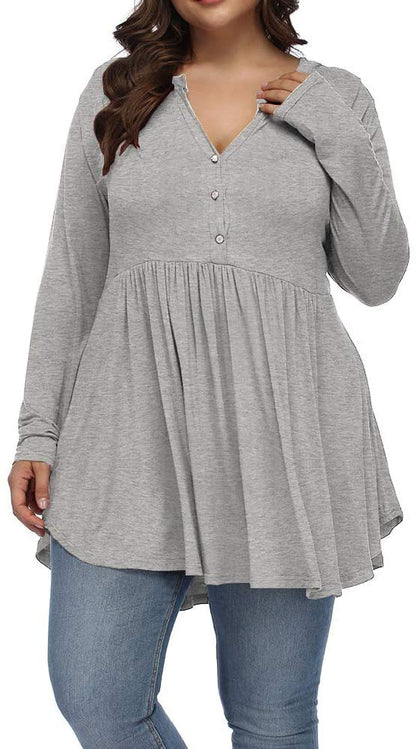 Camiseta informal de manga larga plisada con botones y escote en V de color liso para mujer, talla grande