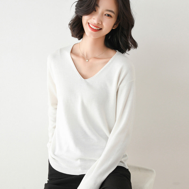 Women Fashion Casual Solid Color Round Neck V-Neck Long Sleeve Sweater