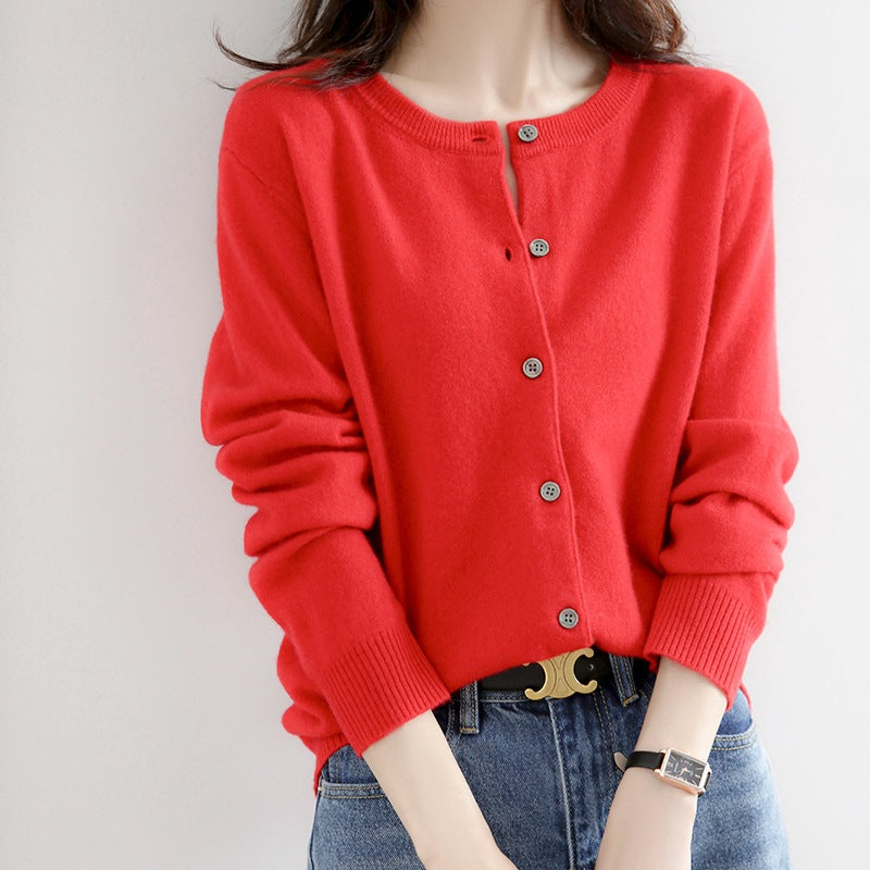 Women'S Elegant Office Chic Solid Color Rib-Knit Round Neck Long Sleeve Casual Knitted Sweater Coats