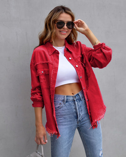 Abrigo vaquero rasgado con solapa informal a la moda para mujer