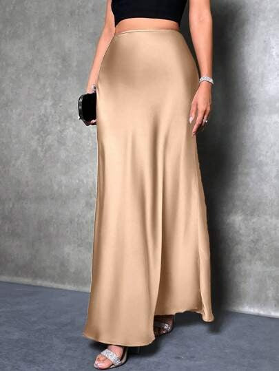 Falda de satén de color liso informal de moda para mujer