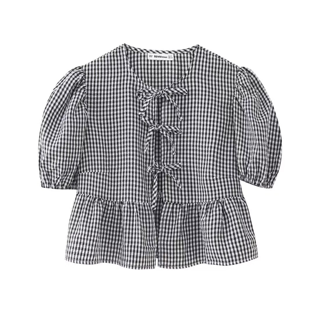 Blusa informal de leopardo con volantes, mangas abullonadas y lazo para mujer