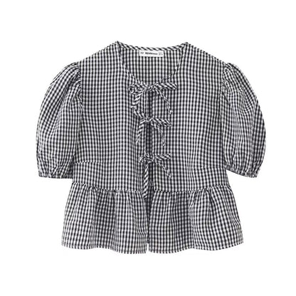 Blusa informal de leopardo con volantes, mangas abullonadas y lazo para mujer