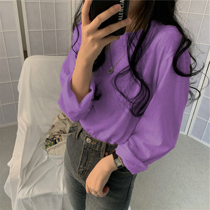 Camiseta informal de manga larga con cuello redondo y color liso para mujer