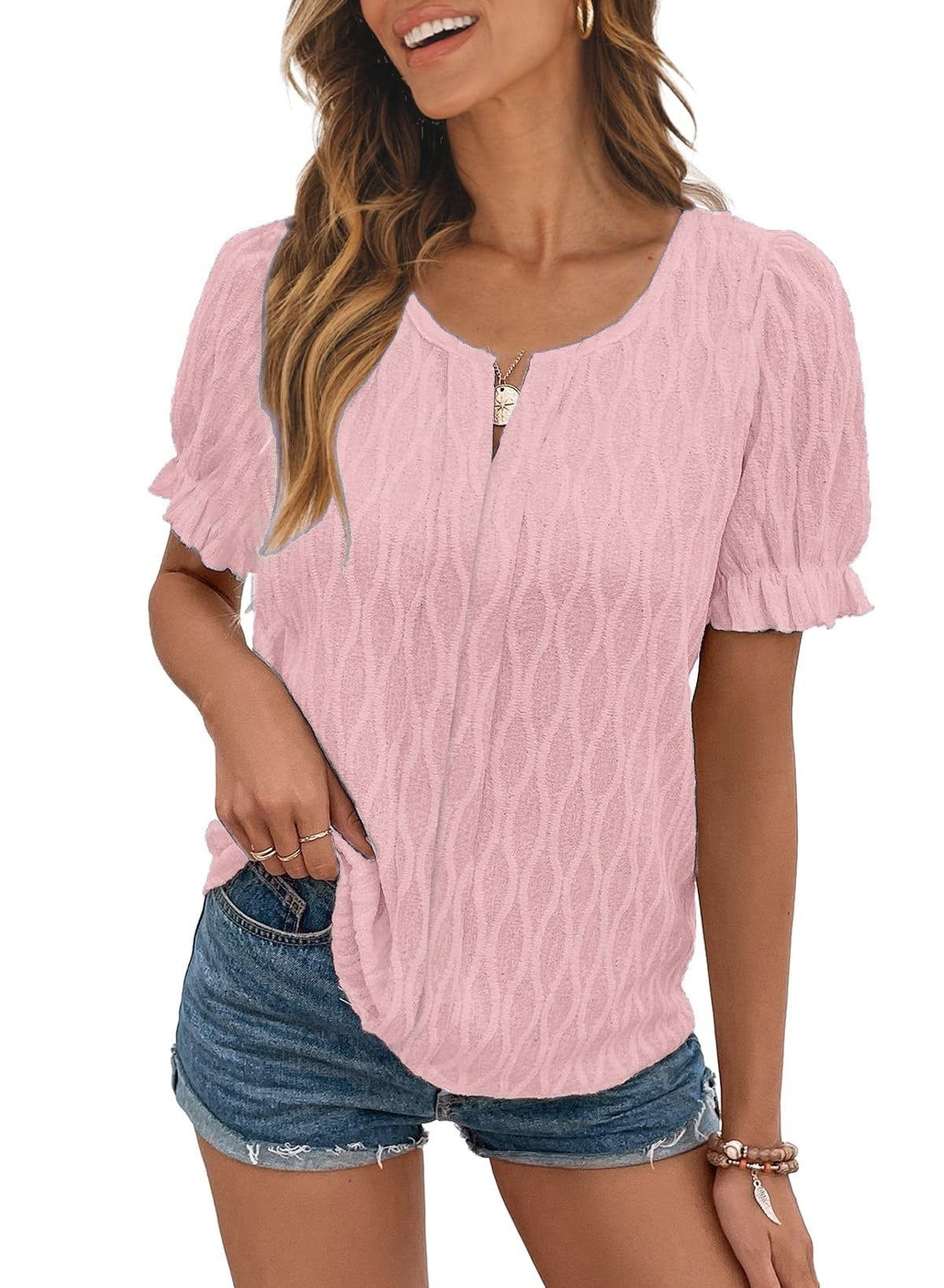 Blusa informal de jacquard de color liso con cuello en V y mangas abullonadas para mujer