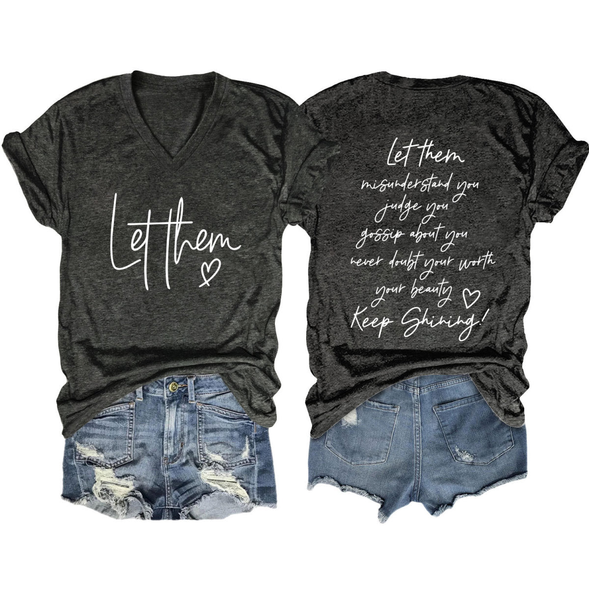 Camiseta informal de verano para mujer con estampado de letras de doble cara y cuello en V de manga corta