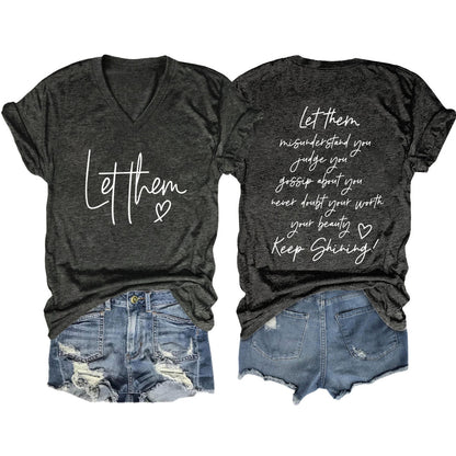 Camiseta informal de verano para mujer con estampado de letras de doble cara y cuello en V de manga corta