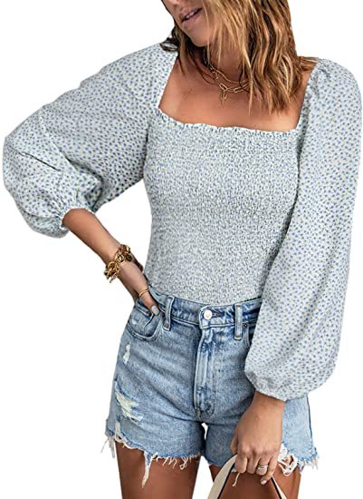 Camisa informal de color liso con cuello cuadrado y mangas abullonadas para mujer