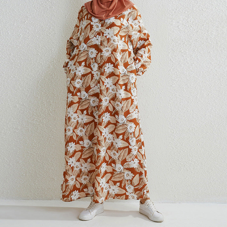 Women Casual Summer Vacation Tiny Flower Zipper Pullover Loose Fashion Pocket Maxi Dress