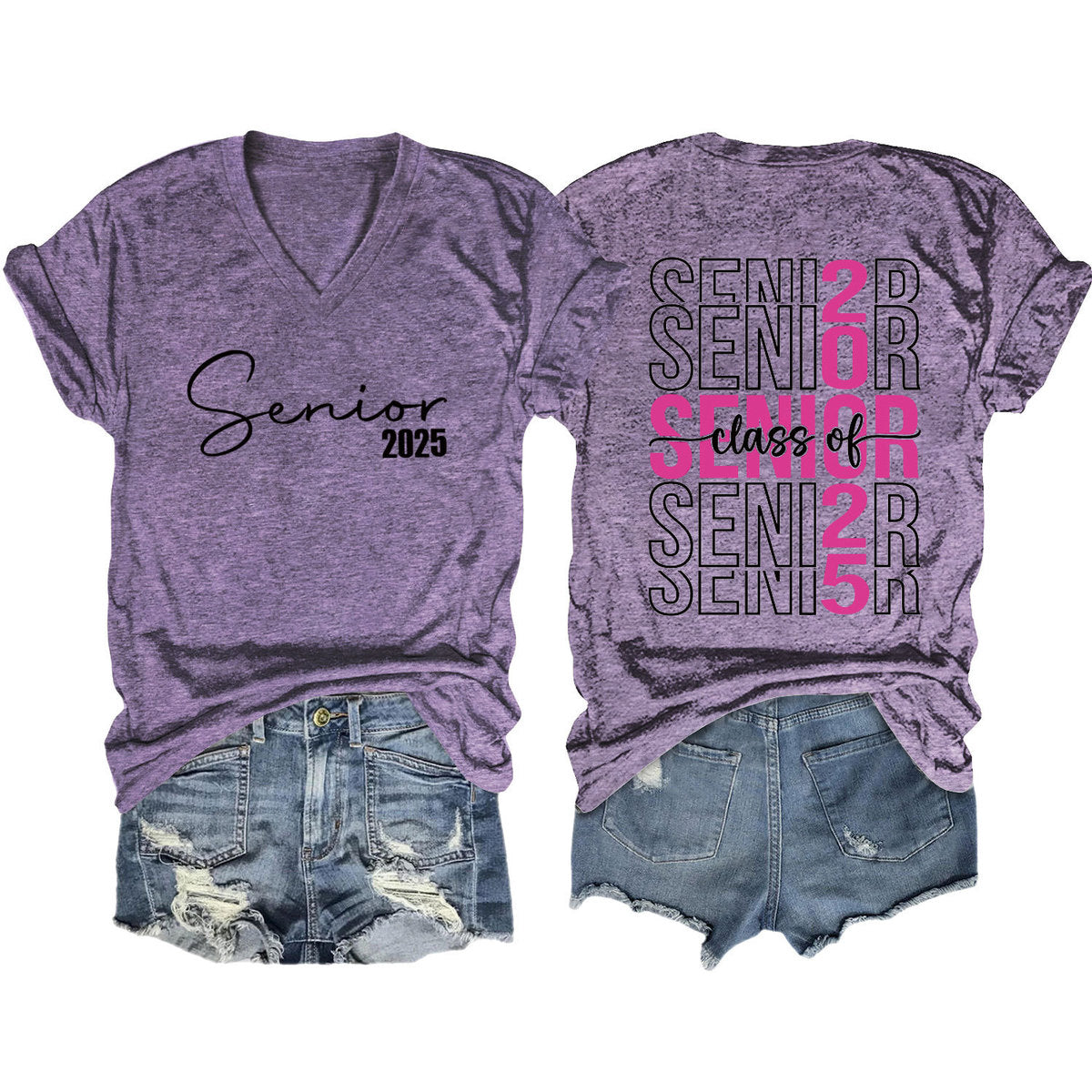 Camiseta informal de manga corta con cuello en V y estampado de letras para mujer 2025