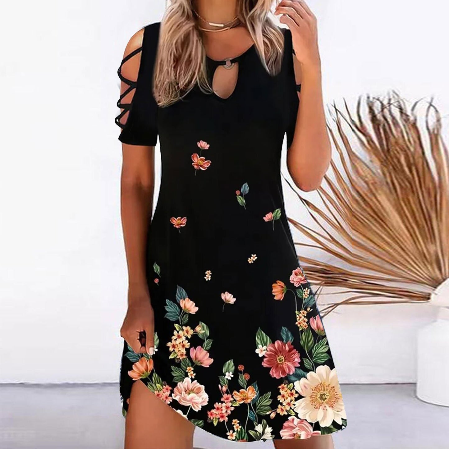 Women Vintage Short Sleeves Cool Shoulder Casual Dress