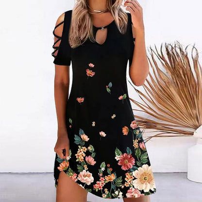 Women Vintage Short Sleeves Cool Shoulder Casual Dress