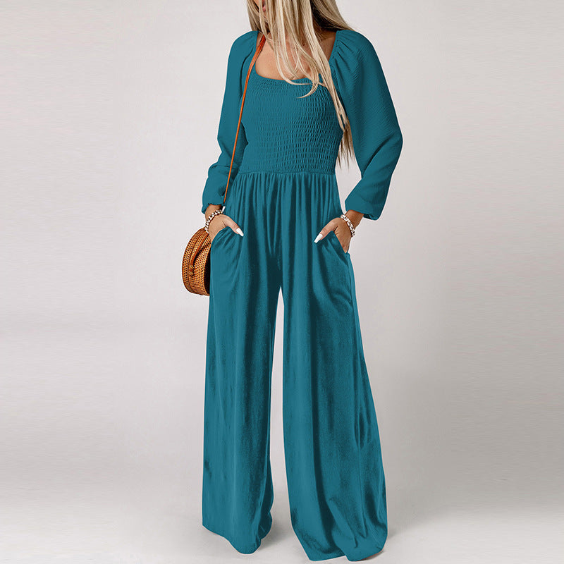 Women Fashion Casual Solid Color Square Collar Long Sleeve High Waist Wide Leg Jumpsuits