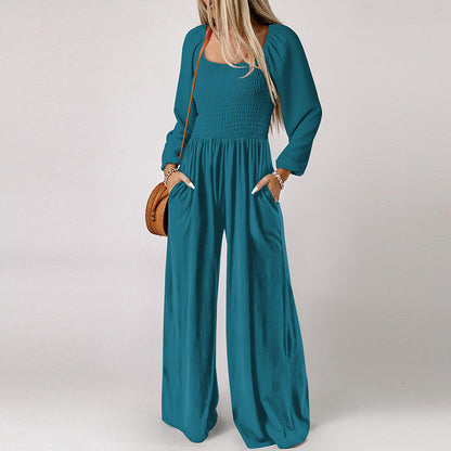 Women Fashion Casual Solid Color Square Collar Long Sleeve High Waist Wide Leg Jumpsuits