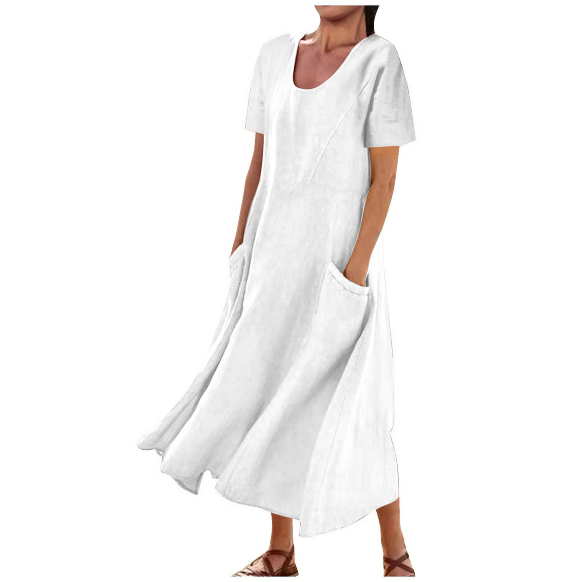 Women Casual Solid Color Cotton Linen Round Neck Short Sleeve Loose Dress
