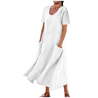 Women Casual Solid Color Cotton Linen Round Neck Short Sleeve Loose Dress