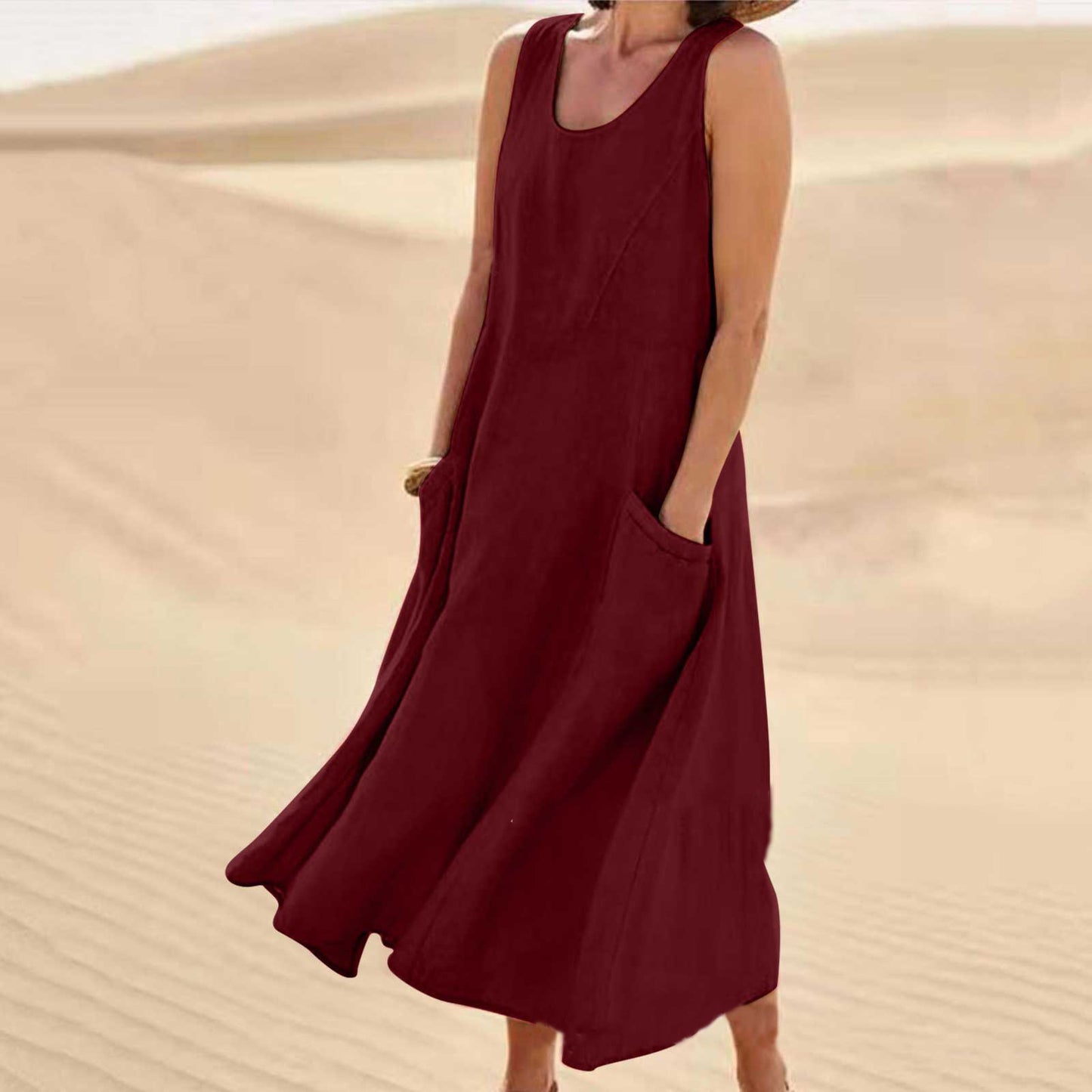Summer Women Casual Solid Color Sleeveless Round Neck Pocket Cotton Linen Dress