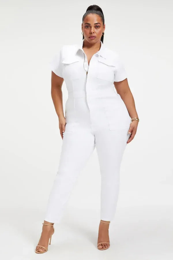 Plus Size Office Fashion Casual Women Solid Color Slim Fit Short Sleeve Lapel Jumpsuits