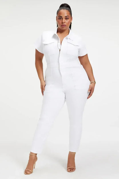 Plus Size Office Fashion Casual Women Solid Color Slim Fit Short Sleeve Lapel Jumpsuits