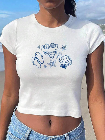 Camiseta corta informal de verano para mujer con estampado floral y letras, cuello redondo y manga corta