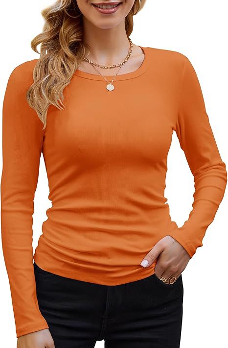 Camiseta informal de manga larga con cuello redondo y ribete de color liso para mujer