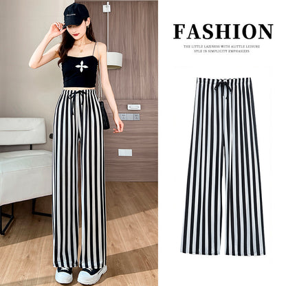 Women Summer Basic Casual Tie-Dye High Waist Ice Silk Wide-Leg Trousers