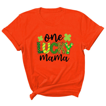 Camiseta informal de manga corta con cuello redondo y estampado de letras "One Lucky Mama" para mujer