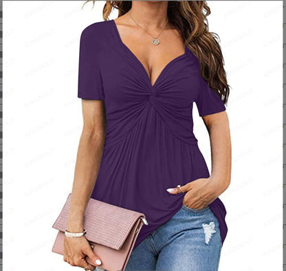 Blusa informal plisada de manga corta con cuello en V y color liso para mujer