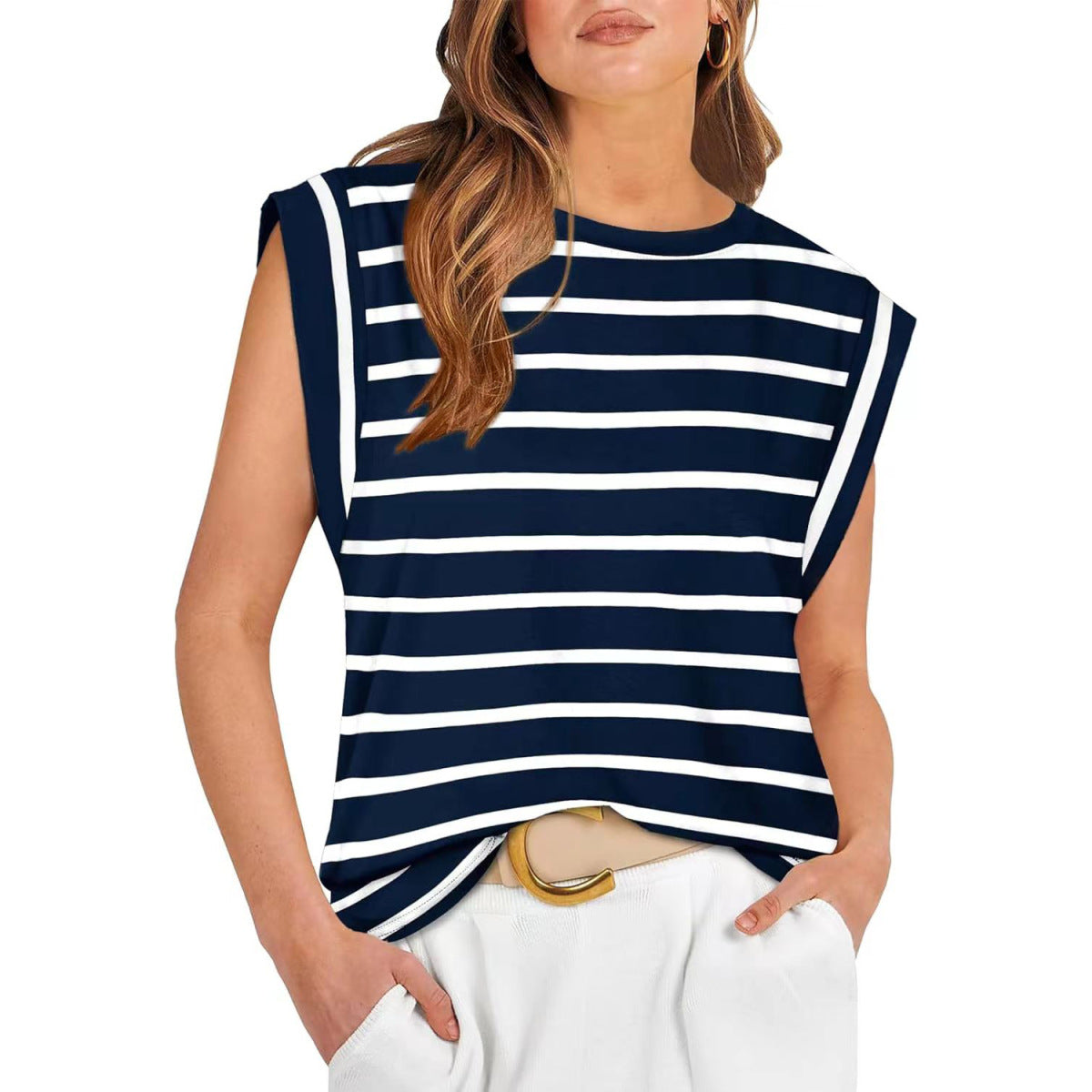 Camiseta informal holgada de verano con rayas y color liso para mujer