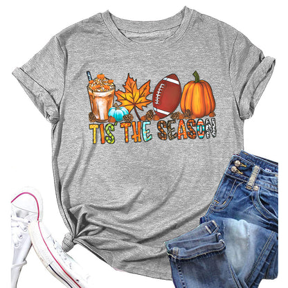 Camiseta informal de manga corta con cuello redondo y estampado de hojas de arce para mujer