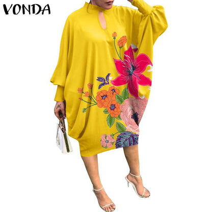 Vestido midi informal elegante vintage de manga larga con estampado floral para mujer