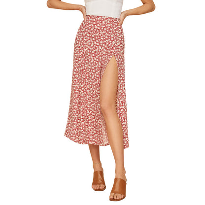 Women Casual Sweet Leopard Flower Printed Summer A-line Side-slit Skirt