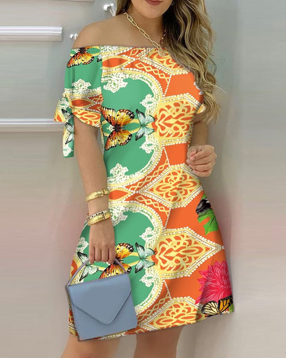 Women Casual Off-The-Shoulder Short Sleeves Color Blocking Dress
