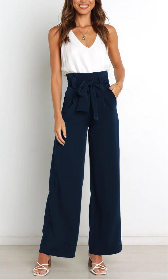 Pantalones casuales de cintura alta con lazo y cordones de color liso a la moda para mujer
