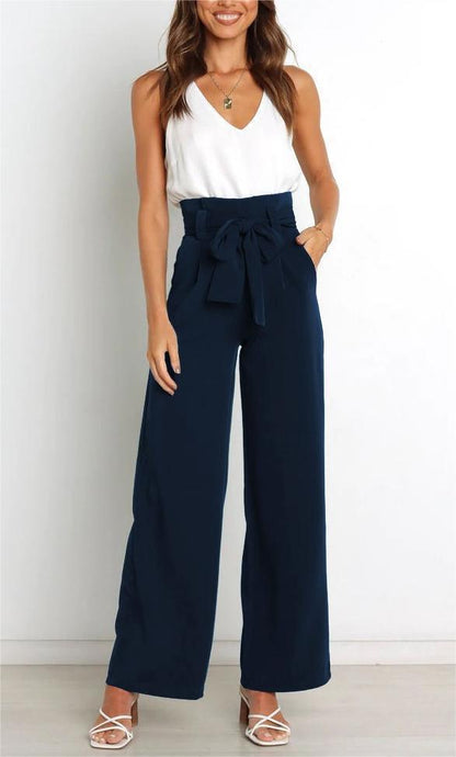 Pantalones casuales de cintura alta con lazo y cordones de color liso a la moda para mujer