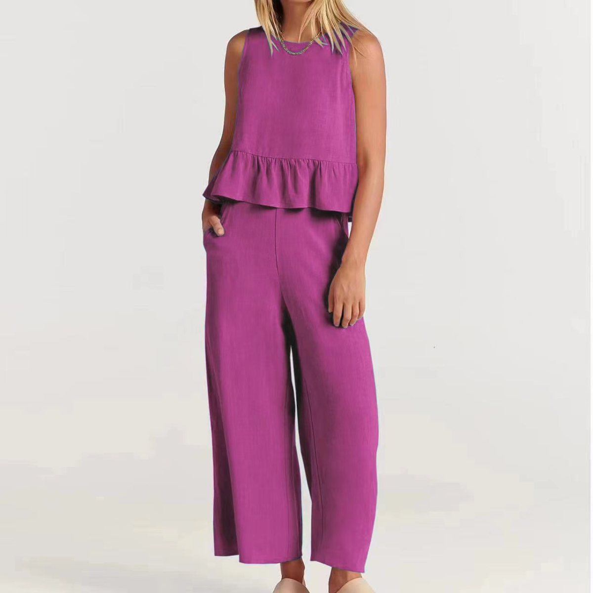 Conjunto informal de verano para mujer, blusa sin mangas con volantes y pantalones de pierna ancha