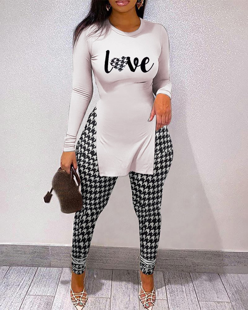 Conjunto deportivo informal de manga larga con cuello redondo y pantalones ajustados para mujer